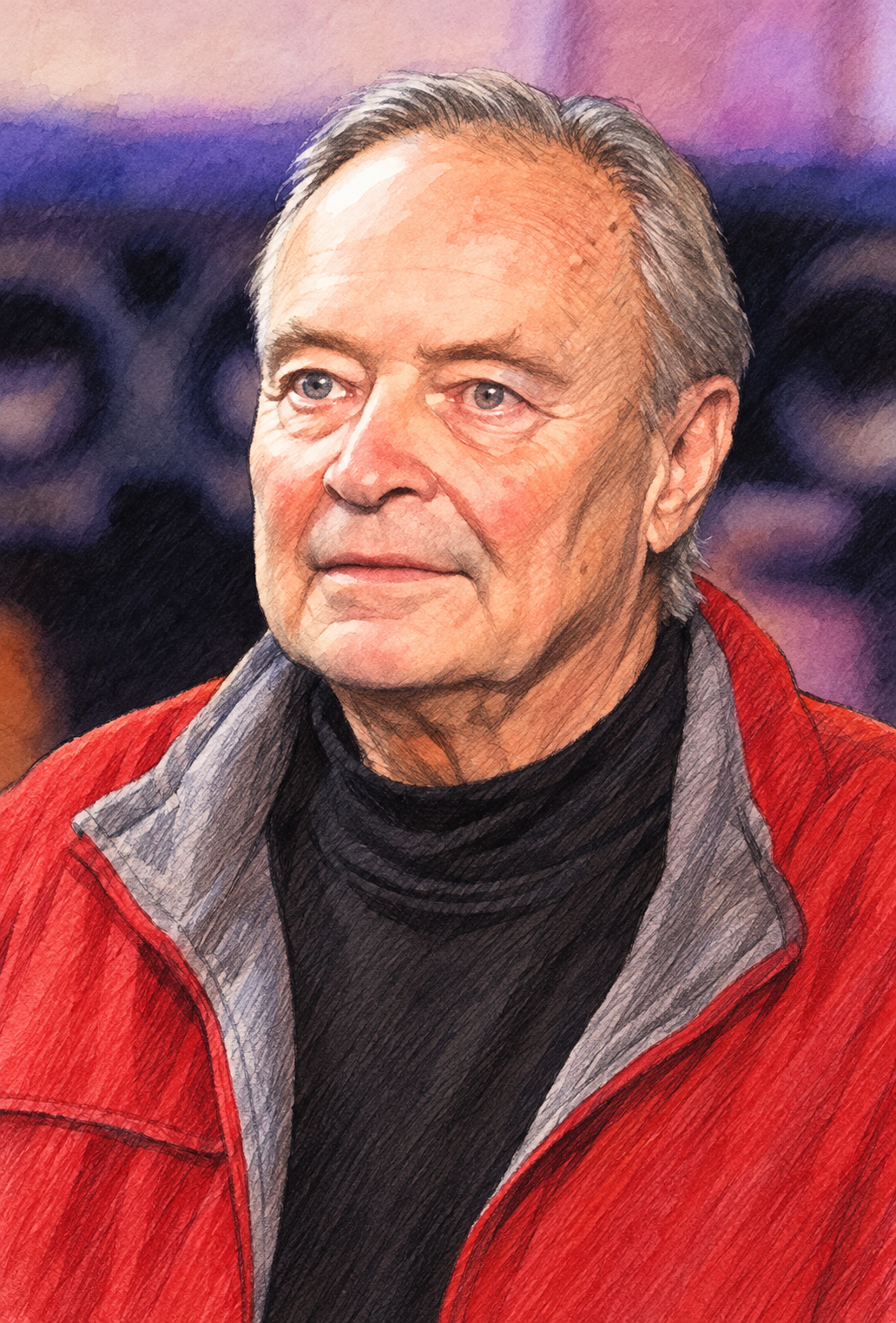 Warmly illustrated portrait of Billy Luxon in a red jacket
