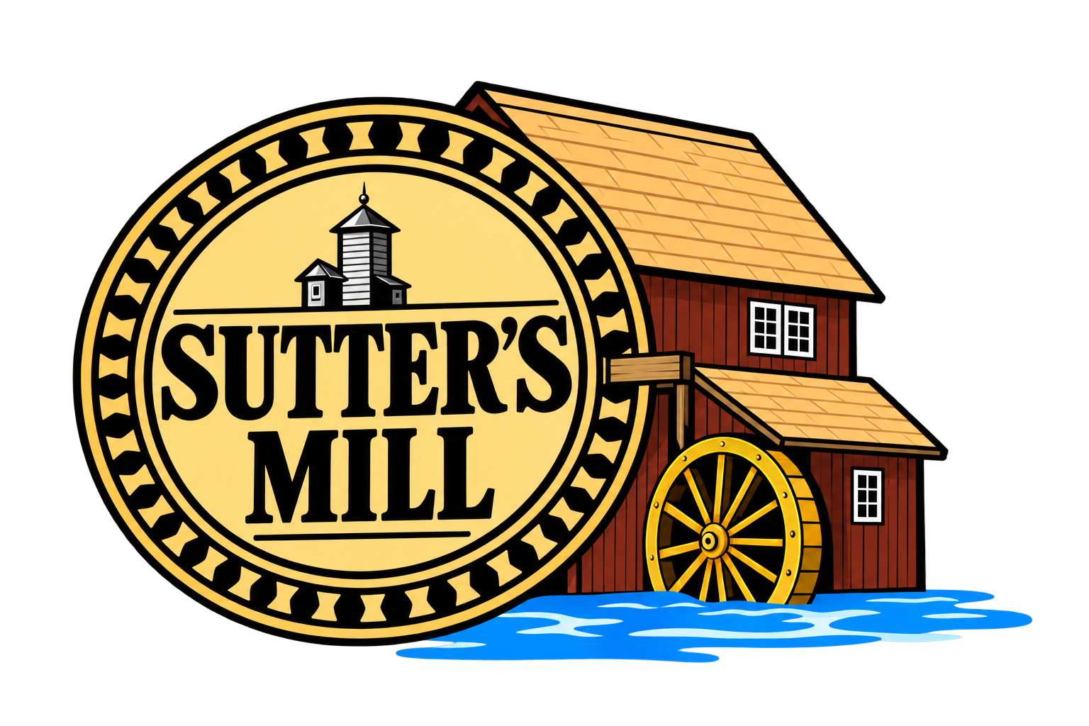 Illustrated J. Sutter’s Mill emblem over a mill building