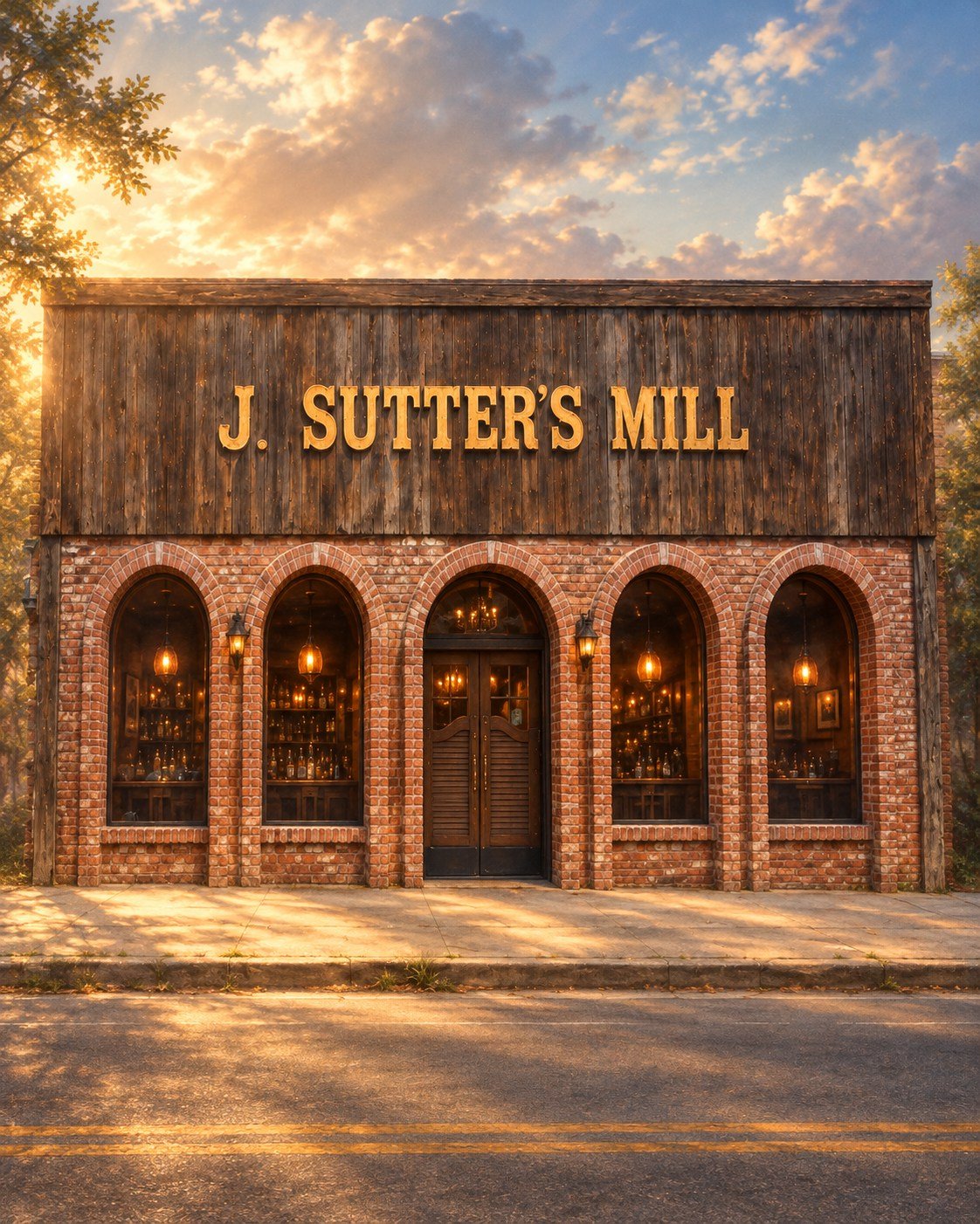 Illustrative rendering of a J. Sutter’s Mill brick storefront
